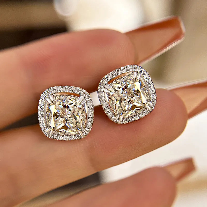 Sparkle Halo Cushion Cut Women's Stud Earrings In Sterling Silver