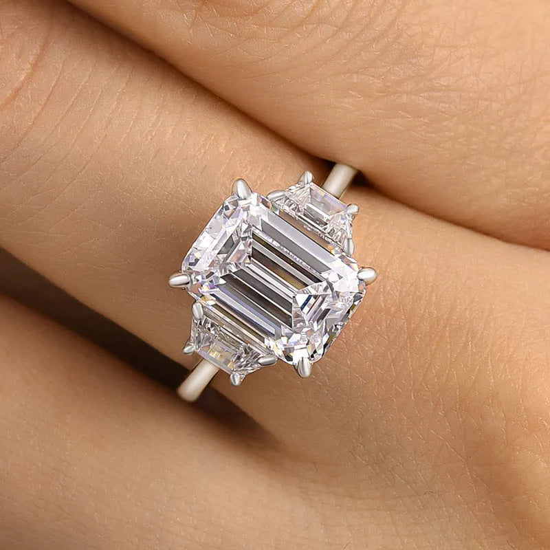 Luxury 4.5 CT Three Stone Emerald Cut Engagement Ring