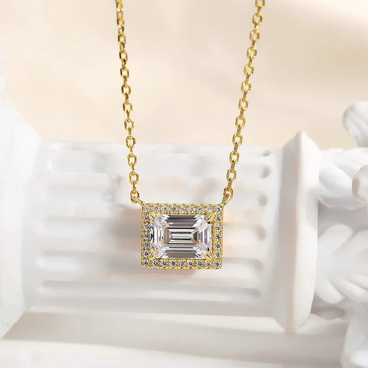 Fashion Halo Design Emerald Cut Necklace In Sterling Silver