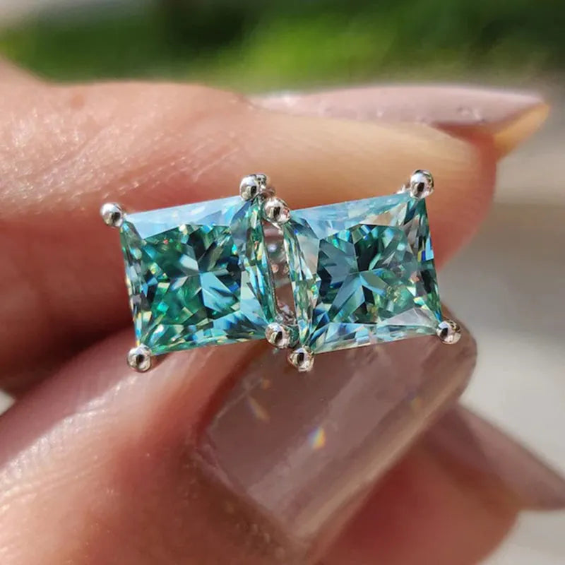 Stunning Square Princess Cut Paraiba Tourmaline Stud Earrings In Sterling Silver