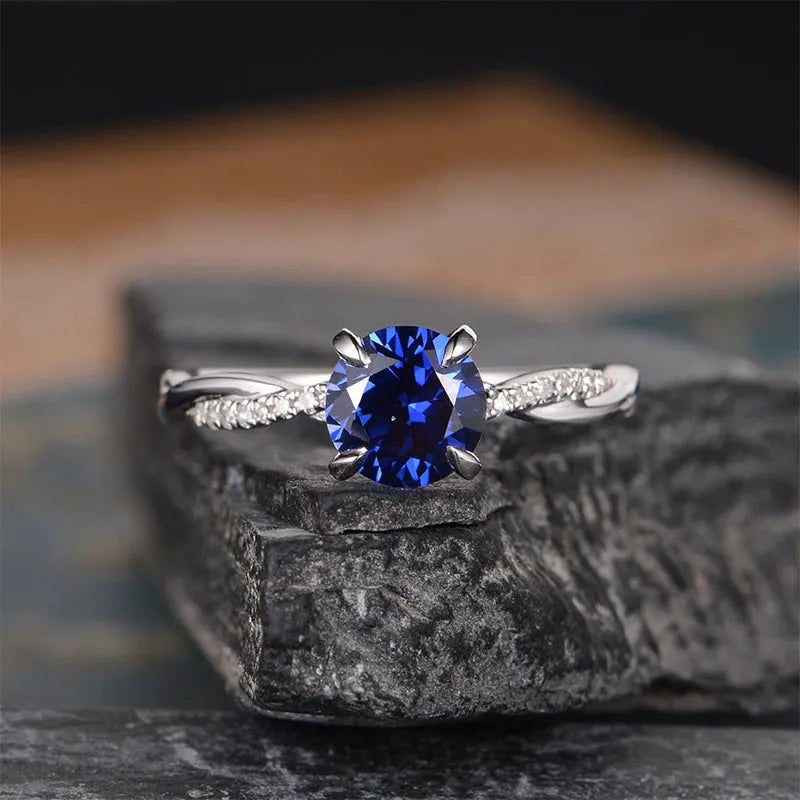 Classic Twist 1.25 Carat Round Cut Blue Sapphire Engagement Ring For Her In Sterling Silver