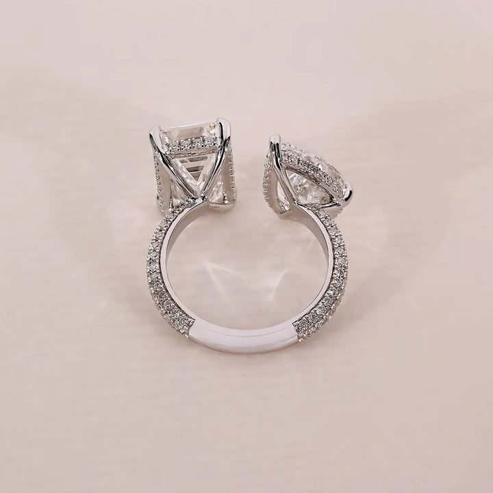 Unique Double Stones Design Emerald Cut & Pear Cut Engagement Ring