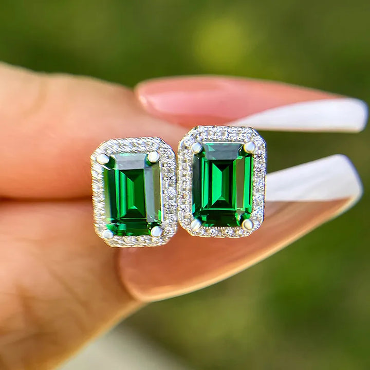 Emerald Green Halo Emerald Cut Women's Stud Earrings