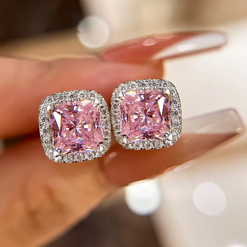 4.0 Carat Halo Square Princess Cut Pink Sapphire Sterling Silver Women's Stud Earrings