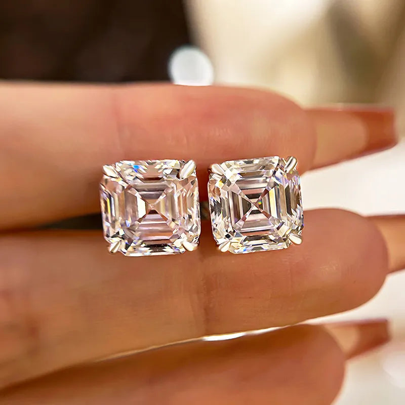 Classic Asscher Cut Women's Stud Earrings In Sterling Silver