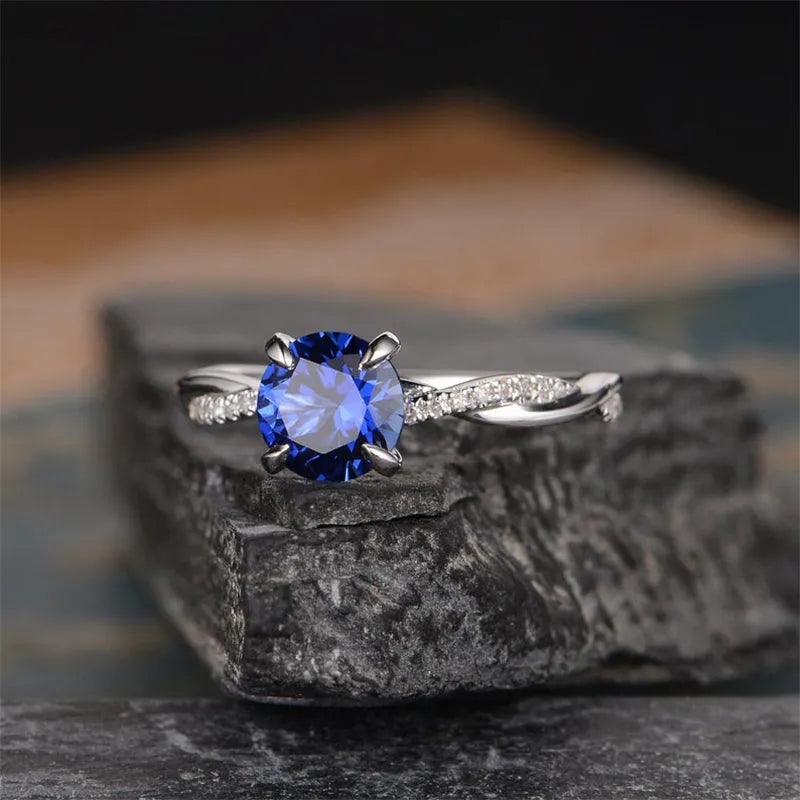 Classic Twist 1.25 Carat Round Cut Blue Sapphire Engagement Ring For Her In Sterling Silver