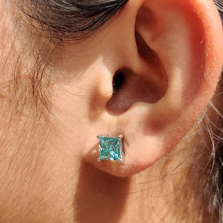 Stunning Square Princess Cut Paraiba Tourmaline Stud Earrings In Sterling Silver