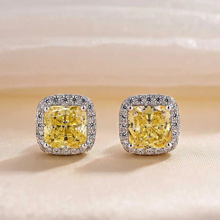 4.0 Carat Yellow Sapphire Halo Princess Cut Sterling Silver Women's Stud Earrings