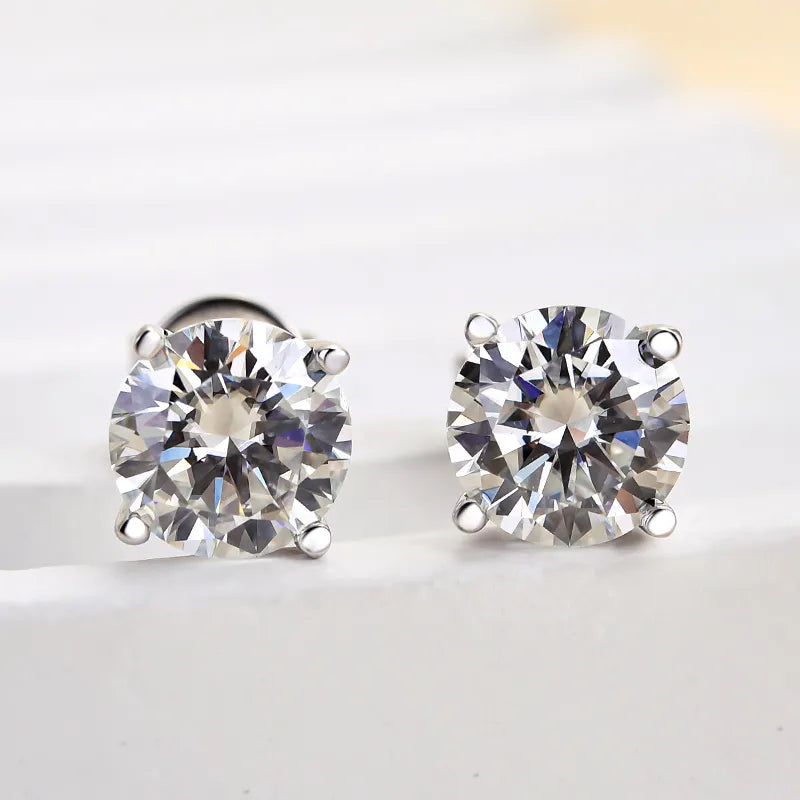 Moissanite Round Cut Stud Earrings In Sterling Silver