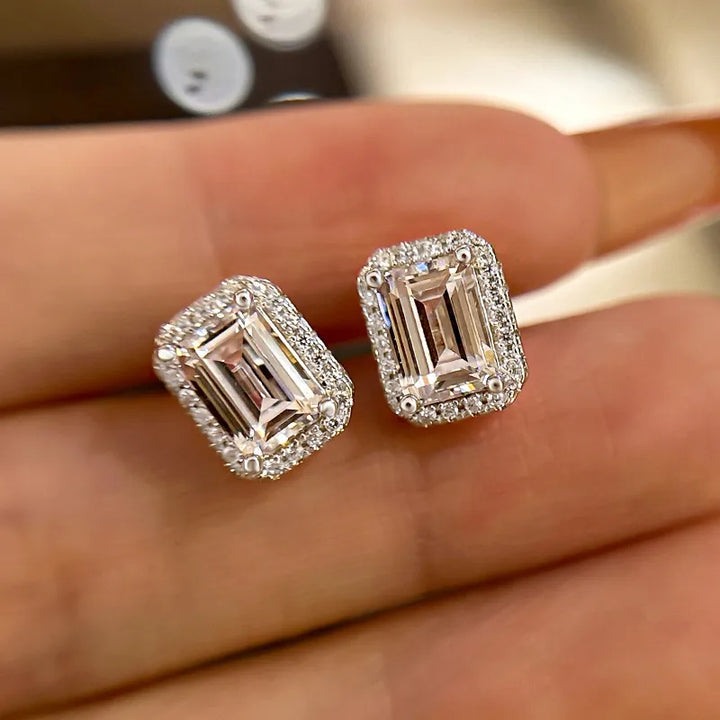 Sparkle Halo Emerald Cut Women's Stud Earrings In Sterling Silver