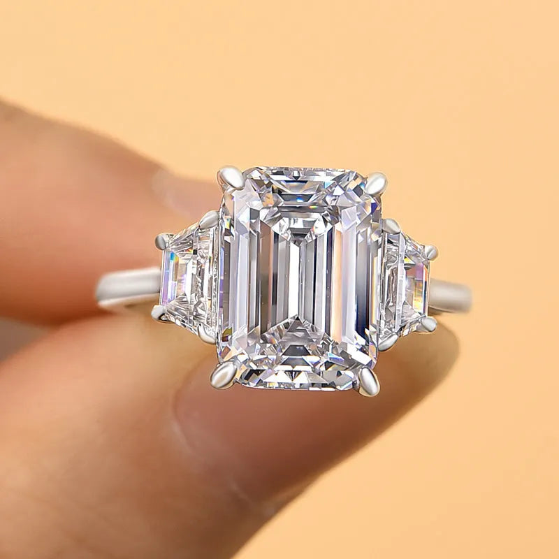 Luxury 4.5 CT Three Stone Emerald Cut Engagement Ring