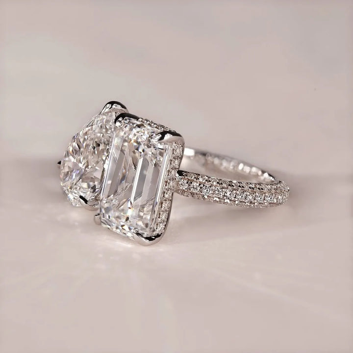 Unique Double Stones Design Emerald Cut & Pear Cut Engagement Ring