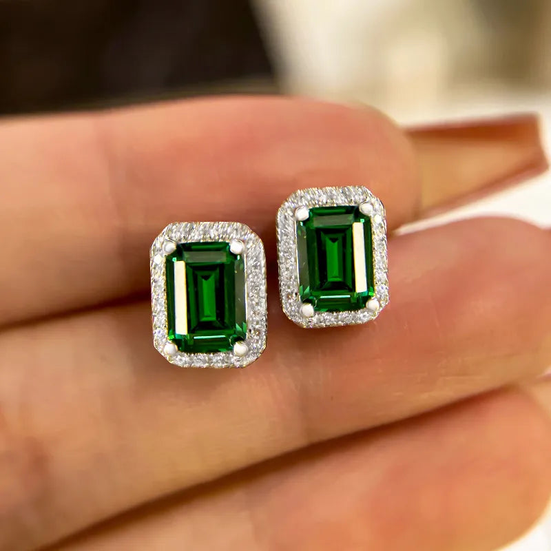 Emerald Green Halo Emerald Cut Women's Stud Earrings