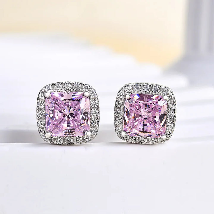 4.0 Carat Halo Square Princess Cut Pink Sapphire Sterling Silver Women's Stud Earrings