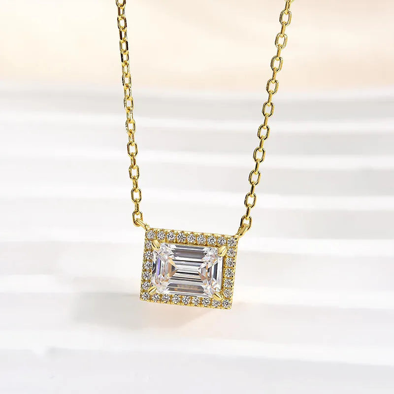 Fashion Halo Design Emerald Cut Necklace In Sterling Silver