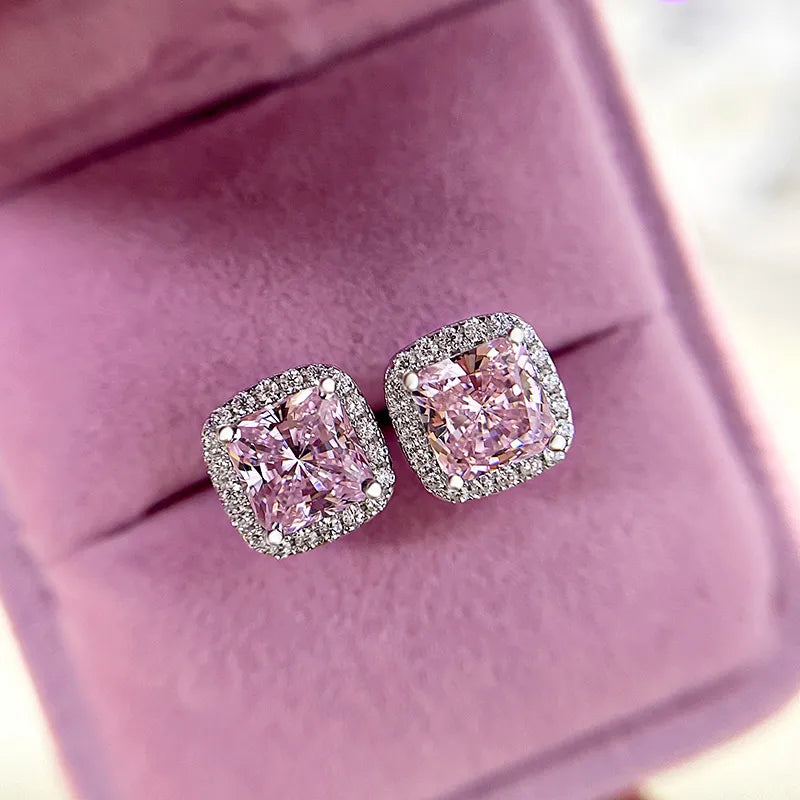 4.0 Carat Halo Square Princess Cut Pink Sapphire Sterling Silver Women's Stud Earrings