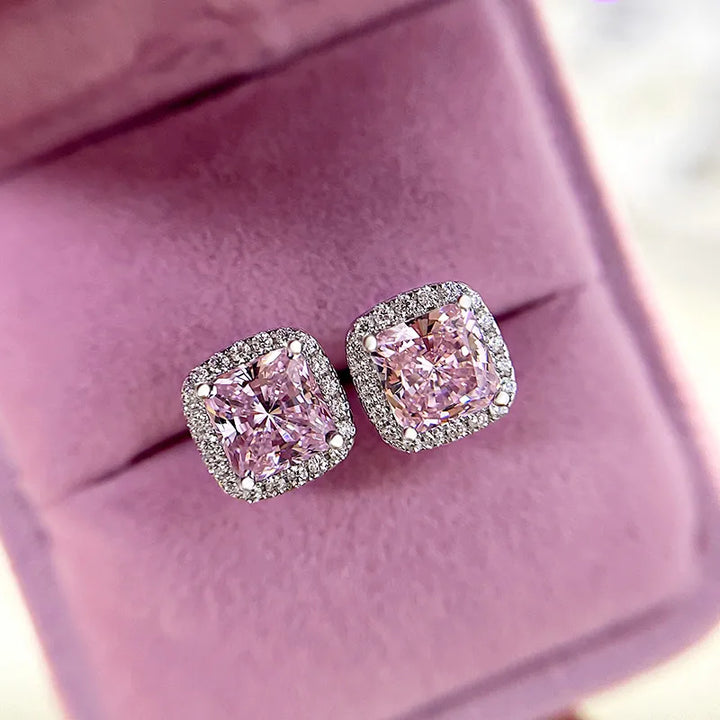 4.0 Carat Halo Square Princess Cut Pink Sapphire Sterling Silver Women's Stud Earrings