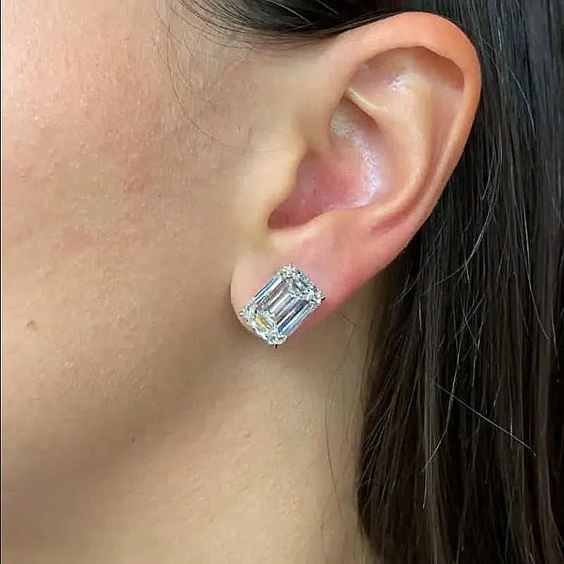 Classic Emerald Cut Women's Stud Earrings In Sterling Silver