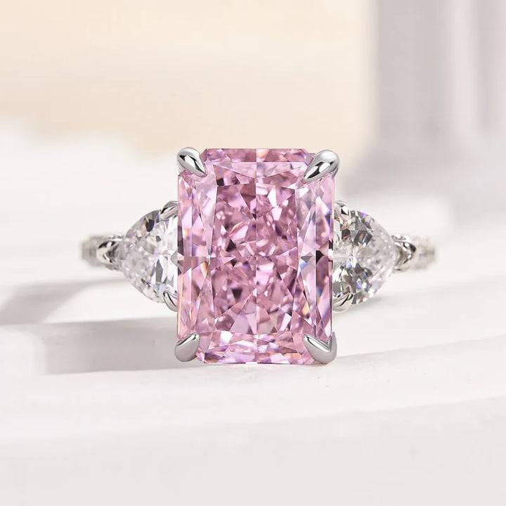 Pink Stone Radiant Cut Three Stone Engagement Ring