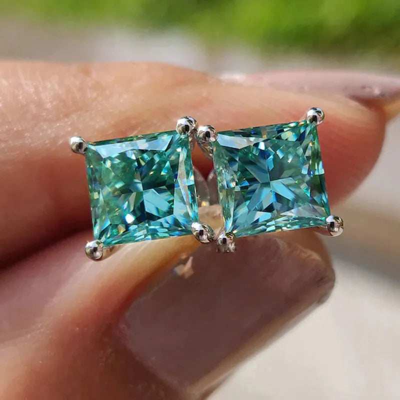 Stunning Square Princess Cut Paraiba Tourmaline Stud Earrings In Sterling Silver