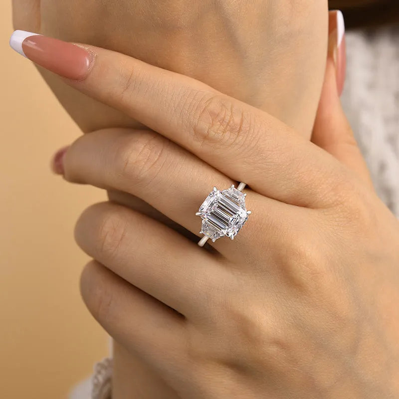 Luxury 4.5 CT Three Stone Emerald Cut Engagement Ring