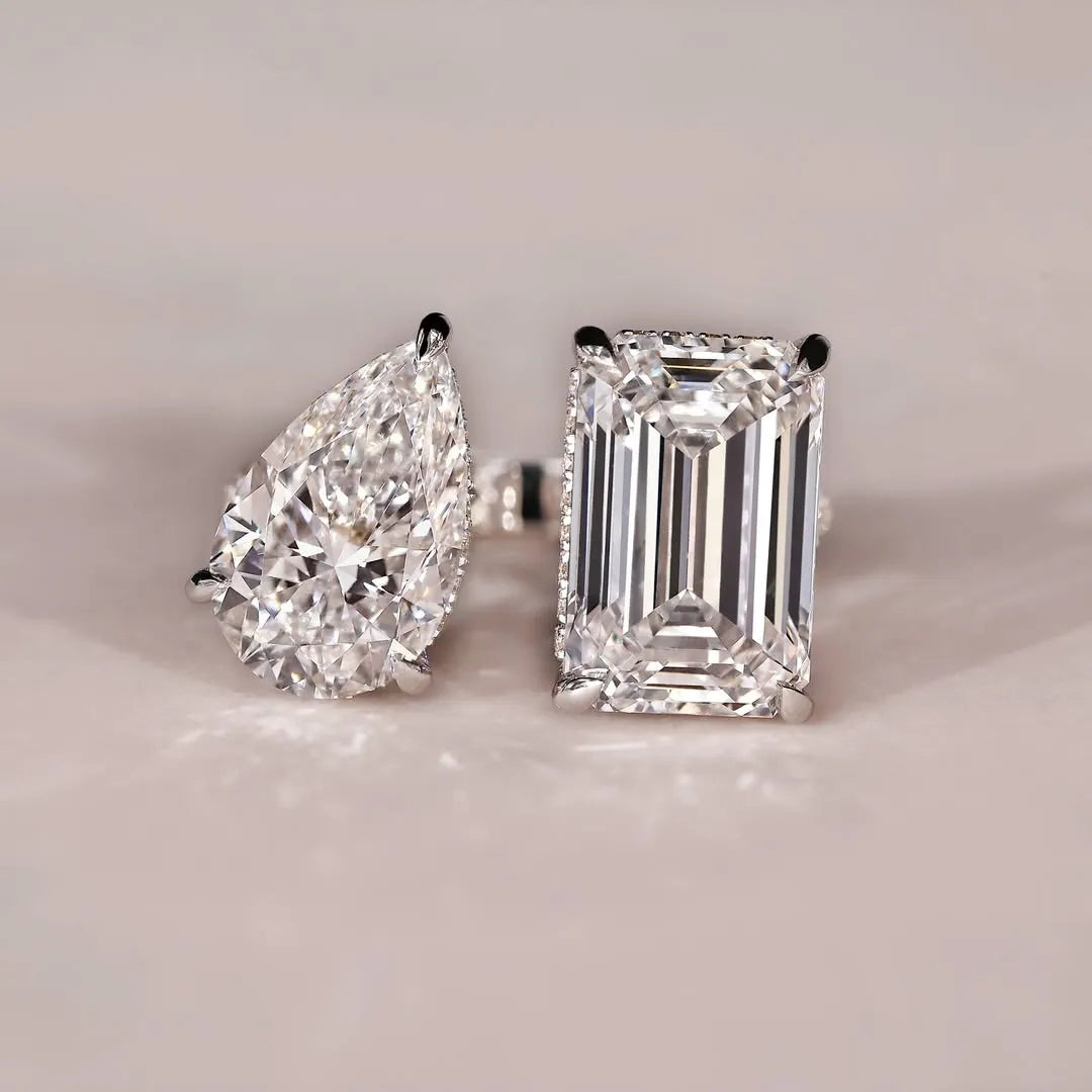 Unique Double Stones Design Emerald Cut & Pear Cut Engagement Ring