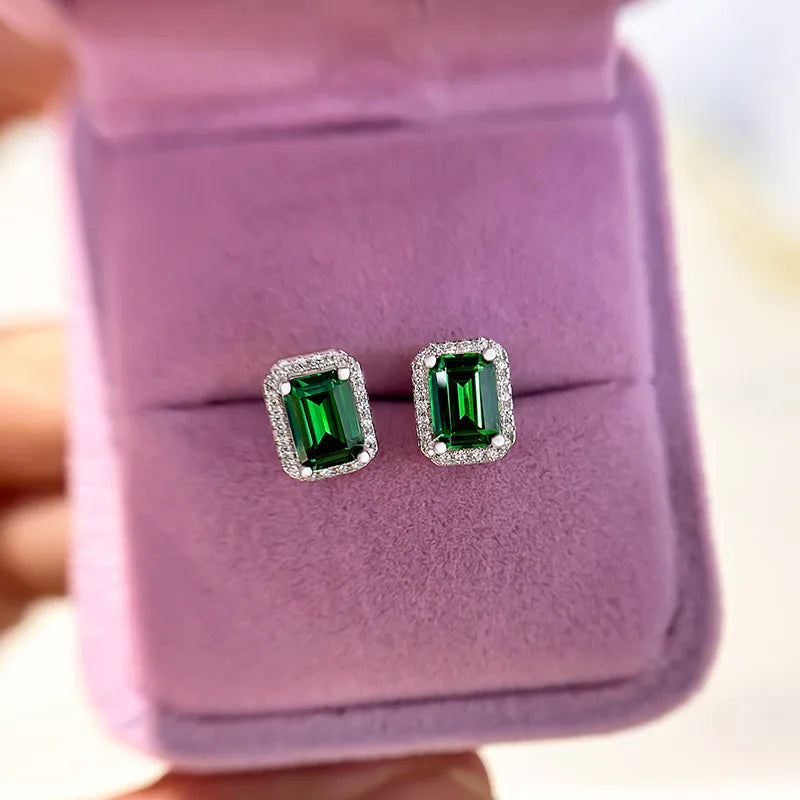 Emerald Green Halo Emerald Cut Women's Stud Earrings