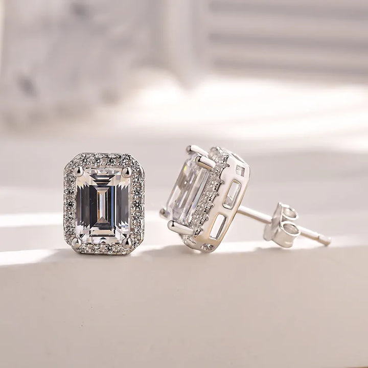 Sparkle Halo Emerald Cut Women's Stud Earrings In Sterling Silver