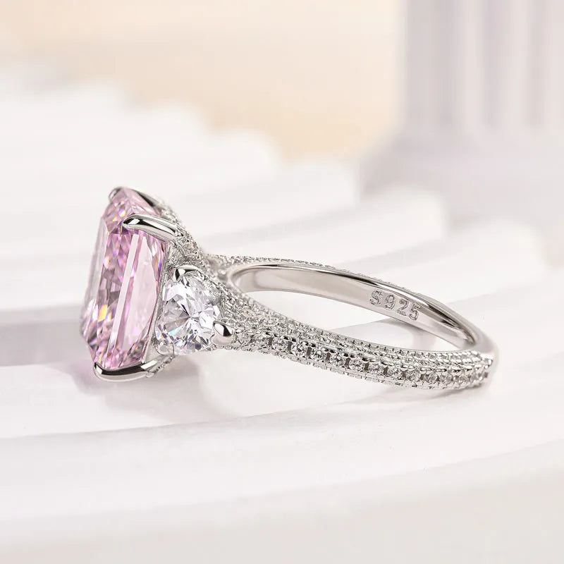 Pink Stone Radiant Cut Three Stone Engagement Ring