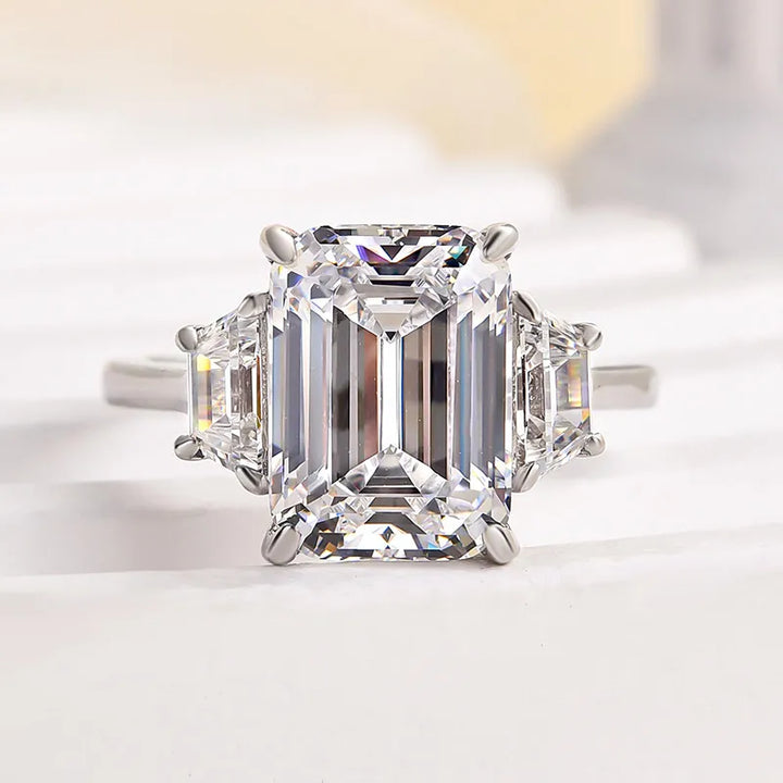 Luxury 4.5 CT Three Stone Emerald Cut Engagement Ring