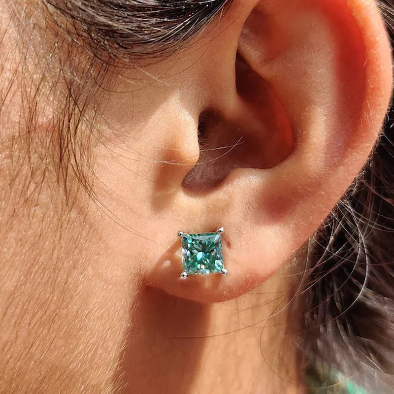 Stunning Square Princess Cut Paraiba Tourmaline Stud Earrings In Sterling Silver