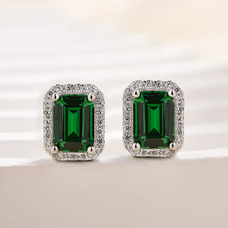 Emerald Green Halo Emerald Cut Women's Stud Earrings