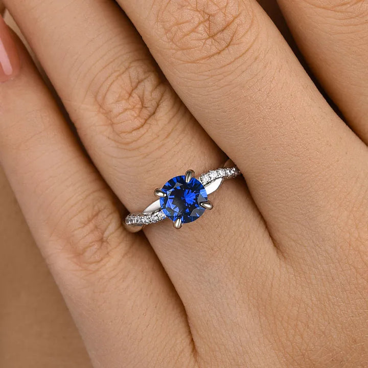 Classic Twist 1.25 Carat Round Cut Blue Sapphire Engagement Ring For Her In Sterling Silver