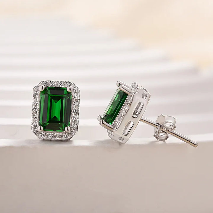 Emerald Green Halo Emerald Cut Women's Stud Earrings