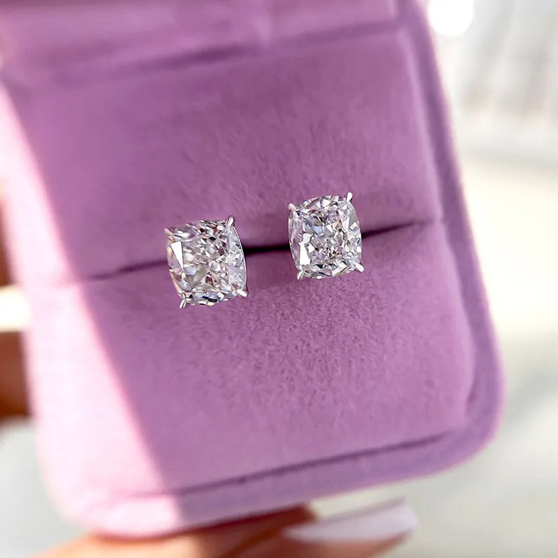 Classic Crushed Ice Cushion Cut Women's Stud Earrings In Sterling Silver