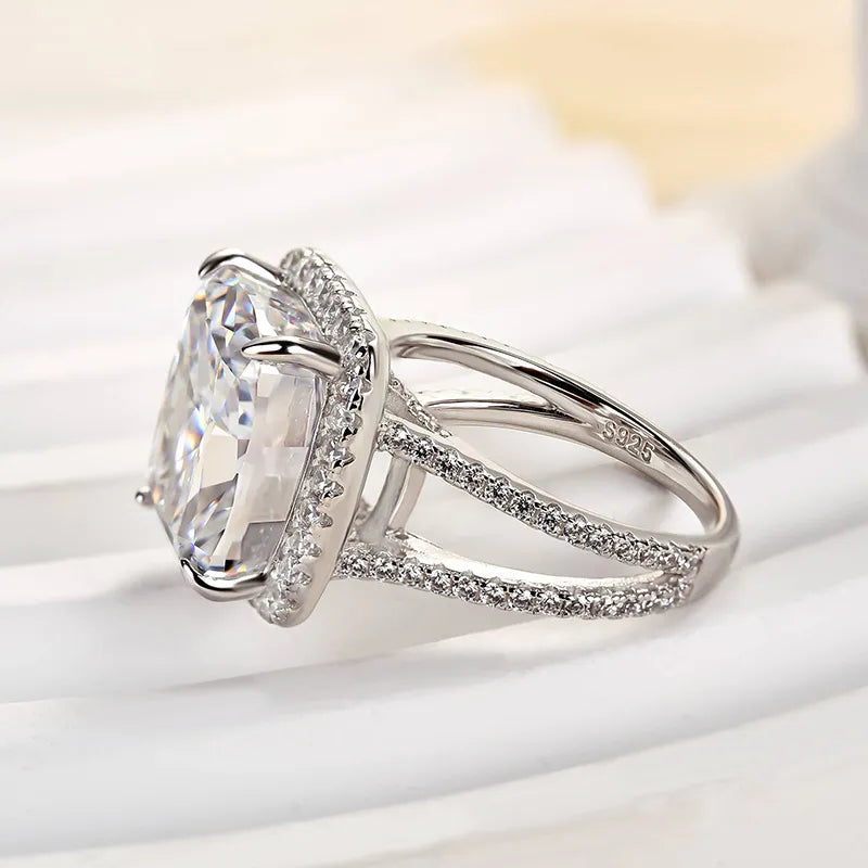 Luxurious Split Shank Halo Cushion Cut Engagement Ring For Women In Sterling Silver