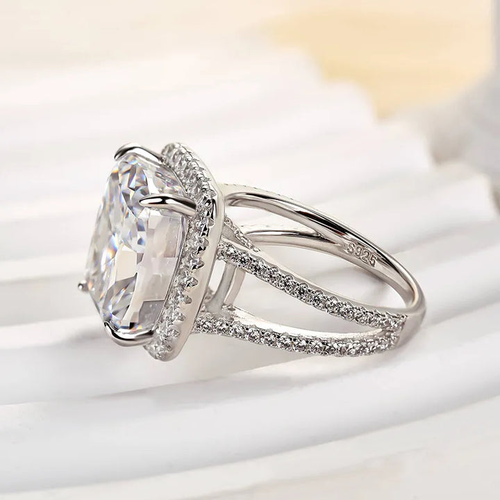 Luxurious Split Shank Halo Cushion Cut Engagement Ring For Women In Sterling Silver