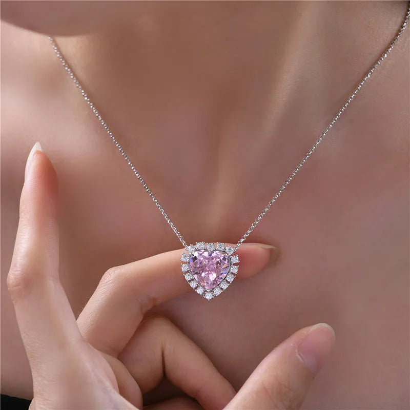 Halo Heart Cut Pink Sapphire Sterling Silver Necklace For Women