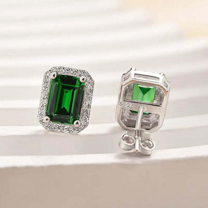 Emerald Green Halo Emerald Cut Women's Stud Earrings