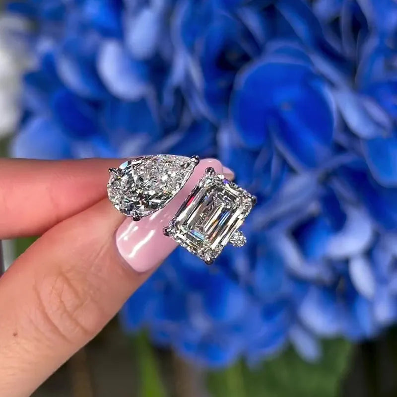 Unique Double Stones Design Emerald Cut & Pear Cut Engagement Ring