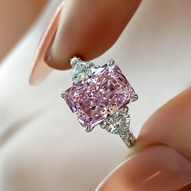 Pink Stone Radiant Cut Three Stone Engagement Ring